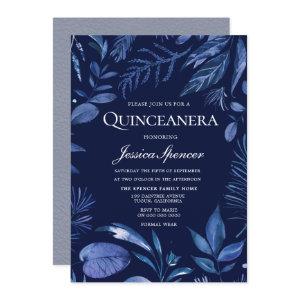 Indigo & Navy Blue Leaf Floral Quinceanera Invite