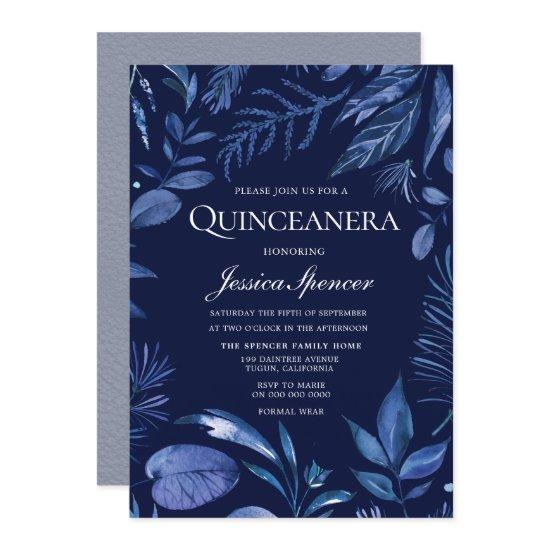 Indigo & Navy Blue Leaf Floral Quinceanera Invite
