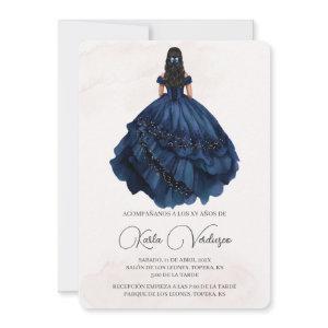 Invitación de quinceañera con vestido azul marino