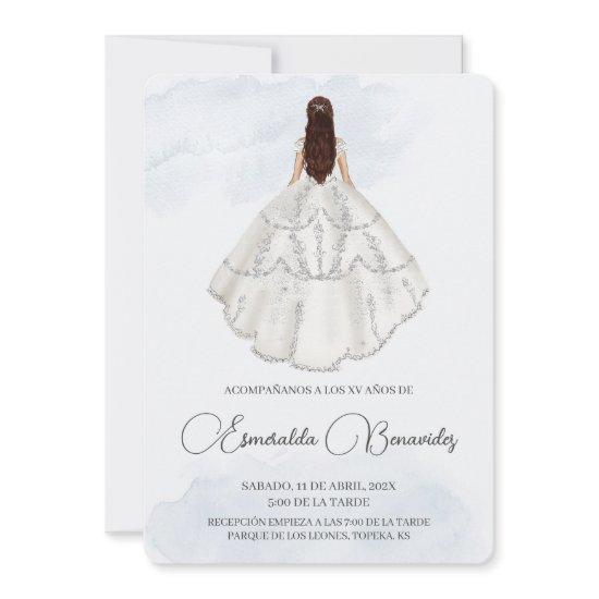 Invitación de quinceañera con vestido blanco