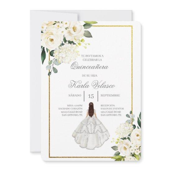 Invitación de quinceañera con vestido blanco
