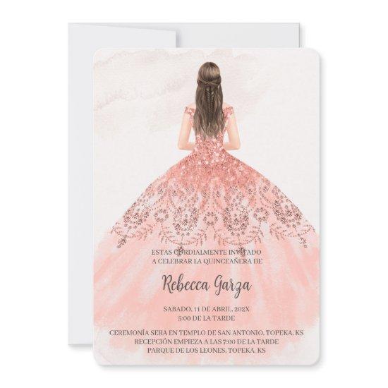 Invitación de quinceañera con vestido color rosa