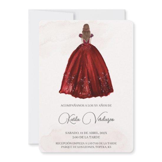 Invitación de quinceañera con vestido rojo