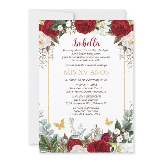 Invitación de Quinceañera en Español Flores Rojas