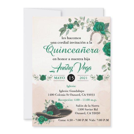 Invitación Quinceañera  Charra Emerald green