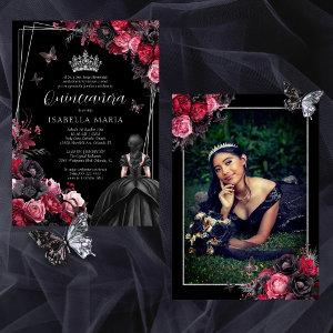 Invitación Quinceañera floral gótica rosada, roja