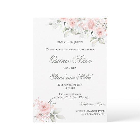 Invitación Spanish Quinceanera pink floral invite