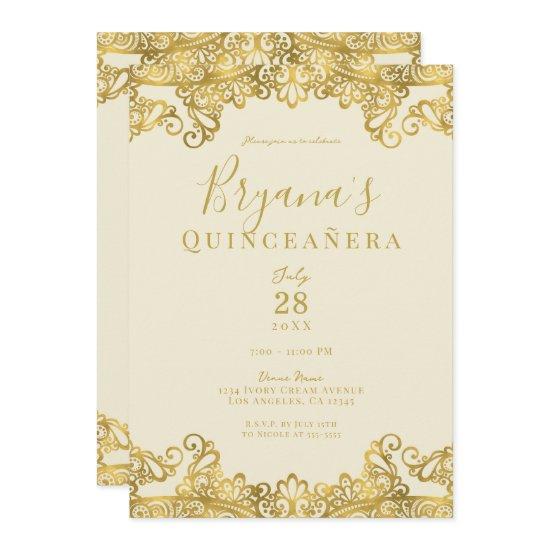 Ivory Cream Gold Lace Elegant Quinceañera Party