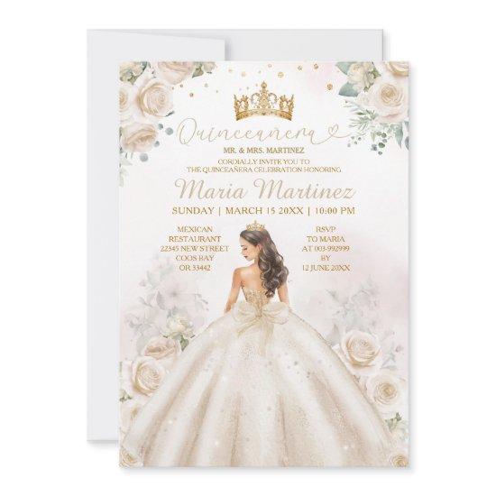 Ivory Creme Princess Dress Gold Crown Quinceañera