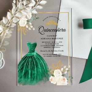 Ivory Floral Emerald Green Gown Gold Quinceanera Acrylic