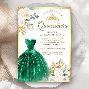 Ivory Floral Emerald Green Gown Gold Quinceanera