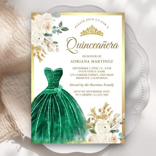 Ivory Floral Emerald Green Gown Gold Quinceanera