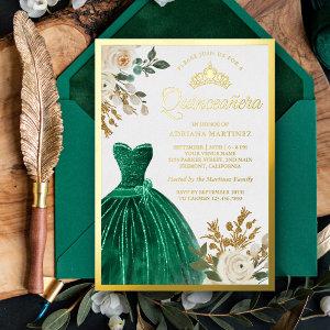 Ivory Floral Emerald Green Gown Quinceanera Gold Foil