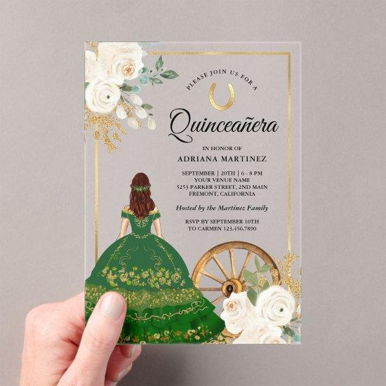 Ivory Floral Green Dress Charro Gold Quinceanera Acrylic
