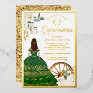 Ivory Floral Green Dress Charro Quinceanera Gold Foil