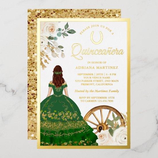 Ivory Floral Green Dress Charro Quinceanera Gold Foil