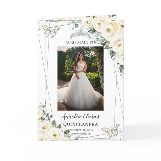 Ivory Floral Silver Quinceañera Order of Event Program