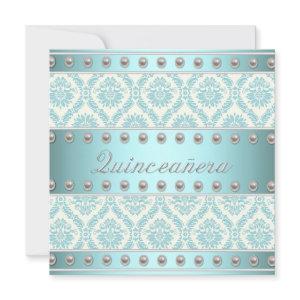 Ivory Pearls Teal Blue White Damask Quinceanera