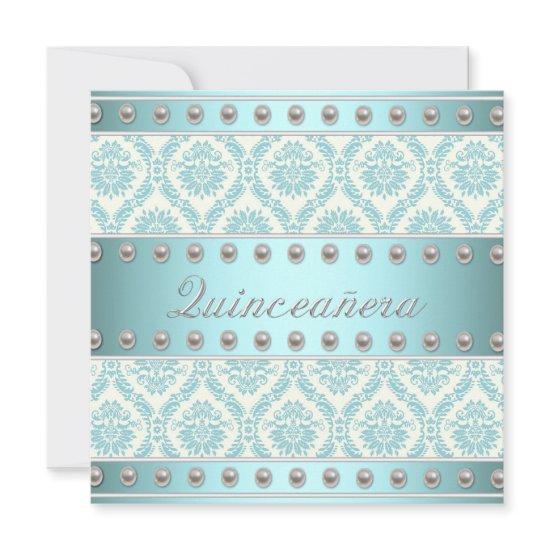 Ivory Pearls Teal Blue White Damask Quinceanera