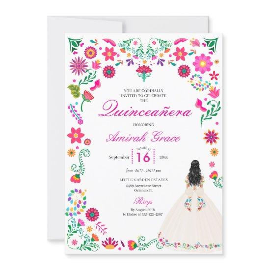 Ivory Pink Otomi Embroidery Quinceañera