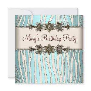 Ivory Teal Blue Zebra Womans Birthday Party
