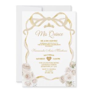 Ivory White Floral Bow Ribbon Gold Mis Quince
