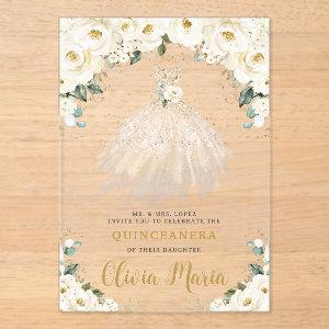 Ivory White Floral Champagne Dress Quinceañera Acrylic