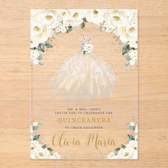 Ivory White Floral Champagne Dress Quinceañera Acrylic