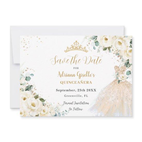 Ivory White Floral Champagne Dress Quinceañera XV Save The Date