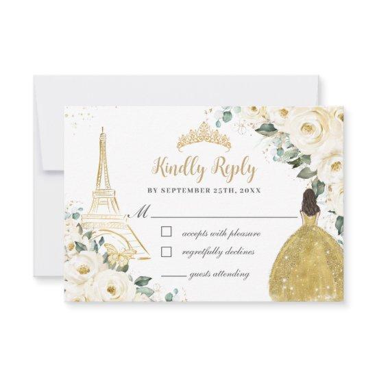 Ivory White Floral Gold Paris Princess Quinceañera RSVP Card