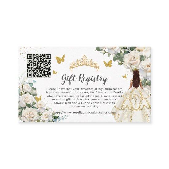 Ivory White Floral Gold Quinceañera Gift Registry Enclosure Card