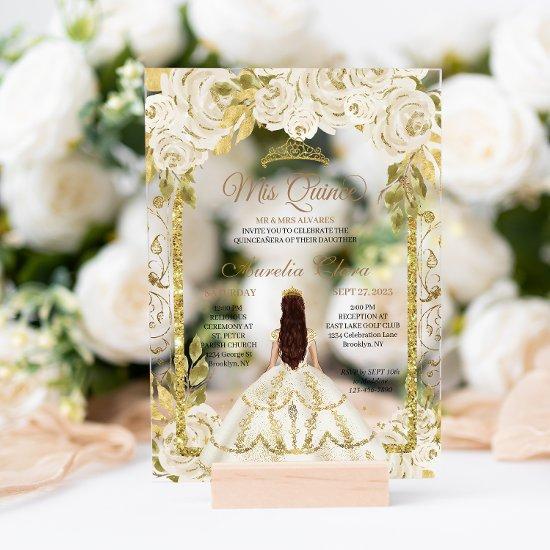 Ivory White Floral Princess Gold Arch Quinceanera Acrylic