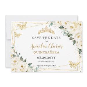 Ivory White Floral Quinceanera Sweet 16 Butterfly Save The Date