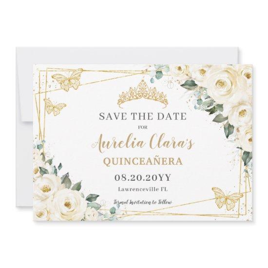 Ivory White Floral Quinceanera Sweet 16 Butterfly Save The Date