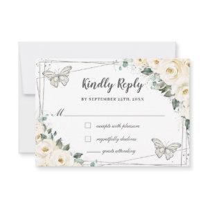 Ivory White Floral Silver Quinceañera Butterflies  RSVP Card