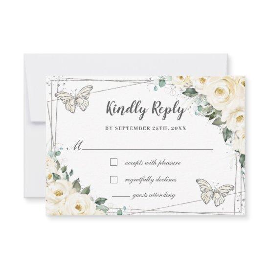 Ivory White Floral Silver Quinceañera Butterflies  RSVP Card
