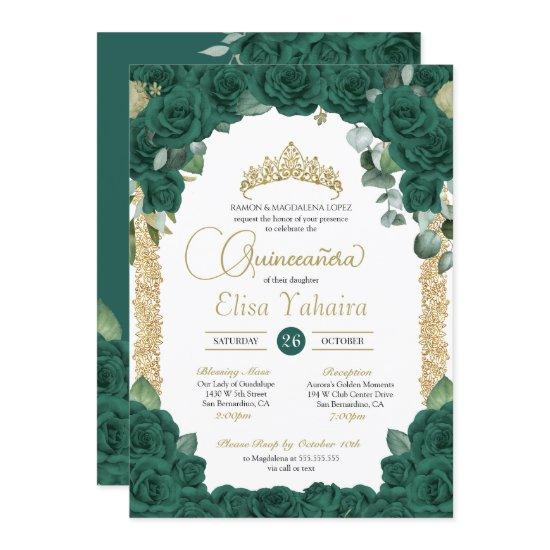 Jade Green Rose Floral and Gold Quinceanera