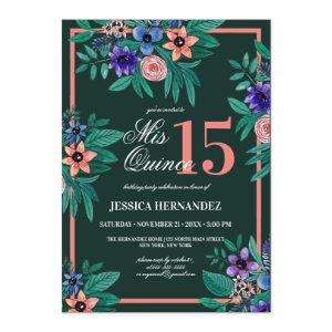 Jungle Green Coral Floral Watercolor Quinceañera