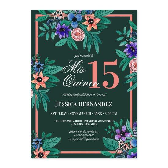 Jungle Green Coral Floral Watercolor Quinceañera