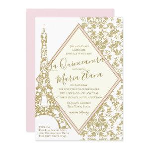 La Quinceanera Blush and Gold Damask Eiffel Tower