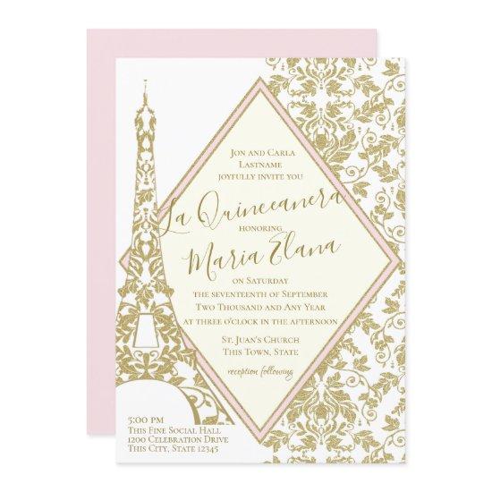 La Quinceanera Blush and Gold Damask Eiffel Tower