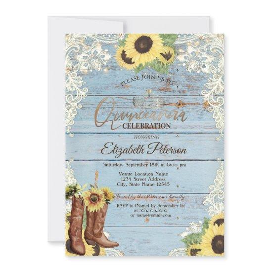 Lace,Boots Sunflowers Blue Wood Quinceañera
