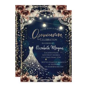 Lace,Diamonds Dress Dark Blue Floral Quinceañera