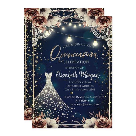 Lace,Diamonds Dress Dark Blue Floral Quinceañera
