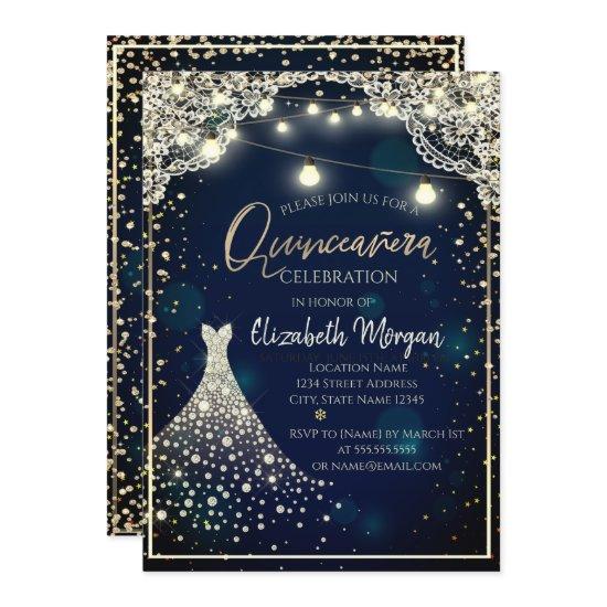 Lace,Diamonds Dress Dark Blue Quinceañera
