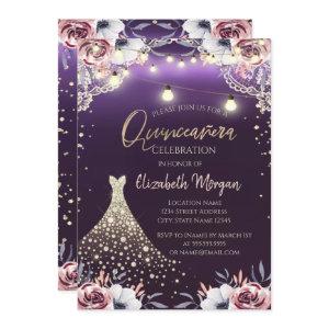 Lace,Diamonds Dress Floral Purple Quinceañera