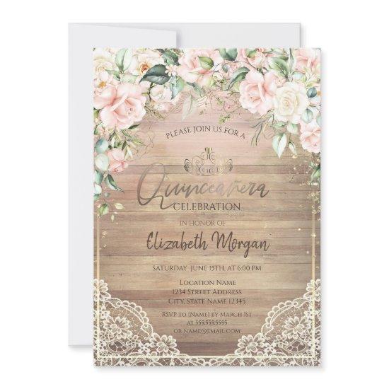 Lace,Tiara,Lights,Wood Pink Roses Quinceañera