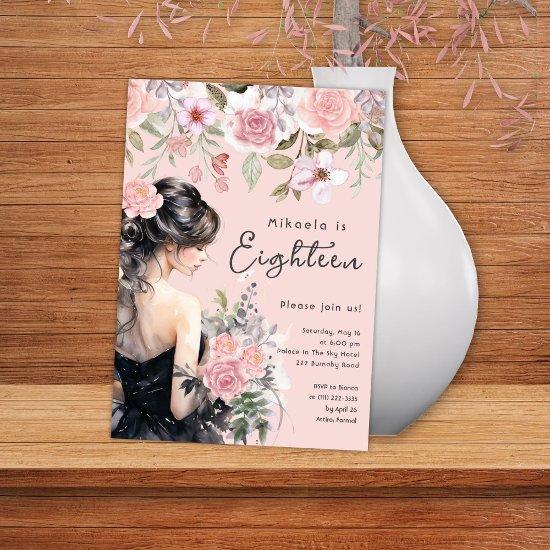 Lady in Black Gown Pink 18th Birthday