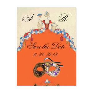 LADY ORANGE MASQUERADE  PARTY SAVE THE DATE ANNOUNCEMENT POSTCARD