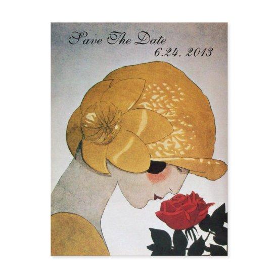 LADY WITH RED ROSE WEDDING SAVE THE DATE ANNOUNCEMENT POSTCARD
